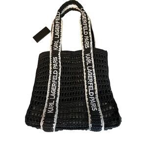 KARL LAGERFELD Tote Bag Black Antibes Straw Tote Purse 12 x 13 x 5 NWT